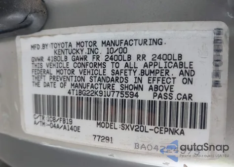 2001 Toyota Camry Le from USA, damaged, VIN 4T1BG22K91U775594